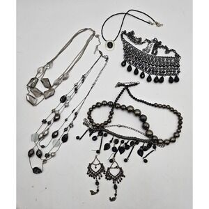 Lot of Goth Moody Witchy Necklaces & Earring Faceted Crystals Silver Tone